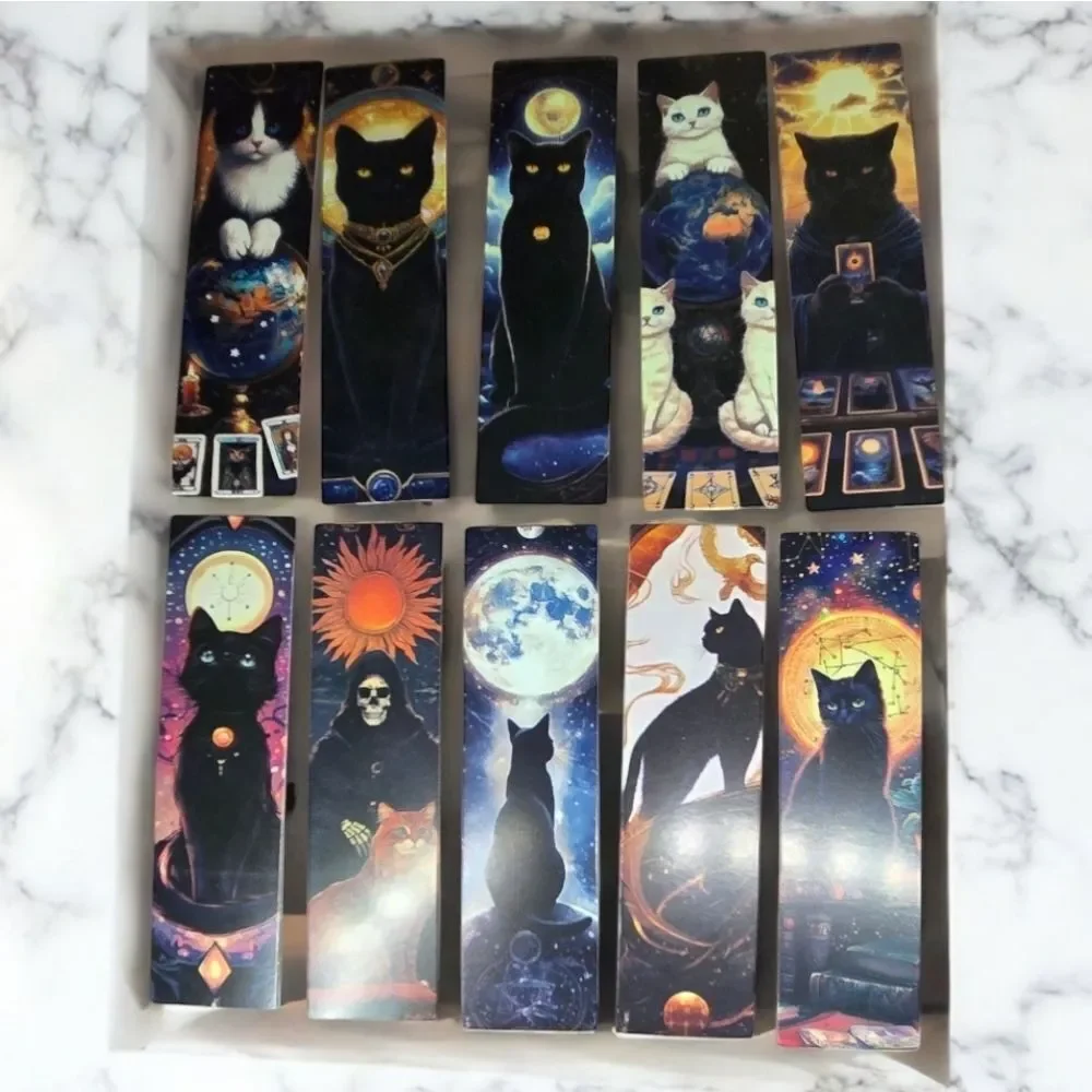 10pc Mystical Cat Tarot Bookmark Set Gothic Celestial Black Cat Reading Markers